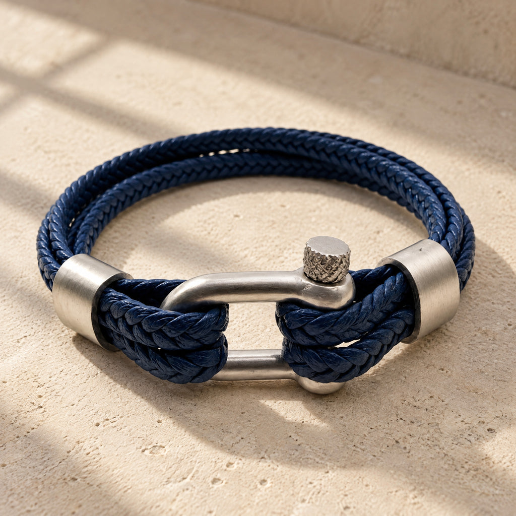 Pulsera Cuero y Mosqueton Azul